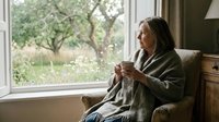 Woman wrapped in cozy blanket enjoying hot beverage by window with garden view. Peaceful morning routine, self-care and relaxation at home.