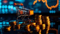 Shopping cart with stacked gold coins against financial chart background in blue light, representing consumer spending, retail investment and market trends.