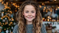 Young girl with long wavy hair wearing cozy gray sweater smiling warmly in front of Christmas tree with golden bokeh lights creating festive holiday atmosphere.