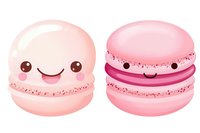 Cute kawaii style pink macarons with happy smiling faces on white background, sweet dessert characters for stickers and greeting cards design.