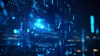 Glowing blue digital matrix with streaming data and light effects on dark background, futuristic technology concept for business and cybersecurity designs.