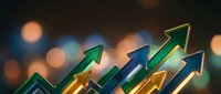 Colorful upward trending arrows showing business growth and success with bokeh lights background for financial presentations and marketing materials.