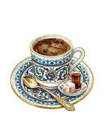 Ornate porcelain teacup filled with coffee, featuring blue and floral patterns, accompanied by matching saucer, spoon, sugar cubes and jam jar on white background for café designs.