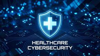 Medical shield with cross symbol on digital circuit board background representing healthcare cybersecurity and data protection technology solutions.