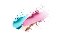 Smeared cosmetic powder strokes in pink and turquoise with scattered particles on white background, makeup texture for beauty and fashion design.