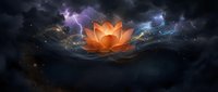 Glowing orange lotus flower floating in cosmic space with purple nebula clouds and sparkling stars creating mystical spiritual atmosphere for meditation designs.