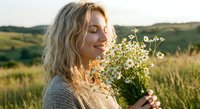 Young blonde woman in knit sweater holding wildflower bouquet in golden hour countryside field with peaceful expression and natural beauty.