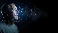 Middle-aged Caucasian man with futuristic headset experiencing virtual reality technology with glowing digital interface elements and data visualization.