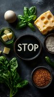 Food ingredients arranged around wooden bowl with STOP text on dark background, concept for dietary restrictions or cooking pause.