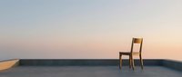 Wooden chair on empty rooftop terrace at sunset, minimalist architectural composition with copy space for design, solitude concept.