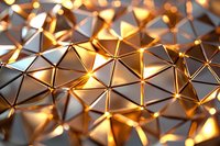 Abstract geometric metallic surface with golden triangular pattern and glowing light effects creating futuristic technology background with depth of field blur.