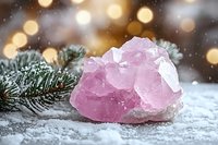 Raw rose quartz crystal cluster on snowy surface with pine branches and golden bokeh lights creating magical winter holiday atmosphere. Healing crystal concept.
