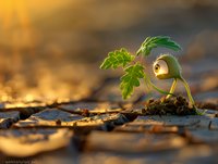 Whimsical fantasy character with green leaf umbrella emerging from cracked earth at golden sunset, perfect for children's book illustration or nature storytelling concept.