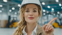 Young blonde Caucasian female engineer in white hard hat pointing finger in modern industrial warehouse facility with professional lighting and equipment.