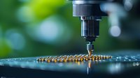 Close-up of CNC machine drill bit working on circuit board with gold contacts against blurred green background, showing precision manufacturing process.