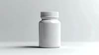 White plastic medicine bottle with ribbed cap on light background, isolated pharmaceutical container mockup for supplement and vitamin packaging design.