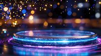 Glowing neon blue and purple circular ripples on water surface with bokeh light effects and sparkles creating magical atmospheric background.
