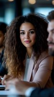 Young mixed-race businesswoman with curly hair smiling confidently in modern office meeting room during corporate presentation or conference.