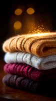 Stack of cozy knitted winter sweaters in warm autumn colors with magical sparkles and bokeh lights, folded neatly on wooden surface in atmospheric lighting.