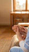 Elderly couple holding hands together in warm sunlit room showing love, care and support in golden hour light for healthcare and relationship concepts.