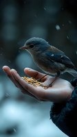 Small blue bird perched on open palm with seeds during gentle snowfall, creating magical winter mood with soft bokeh background and atmospheric lighting.