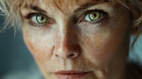 Close up portrait of mature woman with striking green eyes and blonde hair against blue background, showing natural aging skin texture and intense gaze.