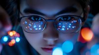 Young person wearing eyeglasses reflecting digital lights and code, representing technology, programming, software development, and digital innovation in modern computing environment.