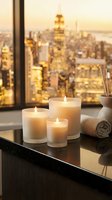Luxury spa candles glowing on windowsill with golden city skyline at sunset creating peaceful wellness atmosphere for relaxation and self-care rituals.
