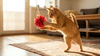 Orange tabby cat playing with red toy in sunny living room interior with warm natural lighting and cozy home atmosphere for pet care concepts.