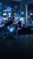 Businessman hands interacting with holographic network interface displaying career path, education, finance and family connections in modern office environment.