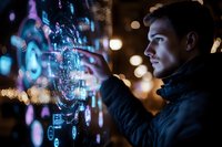 Young businessman interacting with futuristic holographic interface displaying digital data and analytics in modern office environment at night.