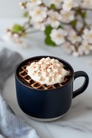 Hot chocolate topped with whipped cream and cocoa powder in navy blue mug, spring cherry blossoms in background on marble surface. Cozy drink styling.