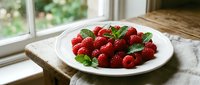 Fresh red raspberries with green leaves arranged on white plate by sunny window, ideal for food, culinary, and healthy eating content.