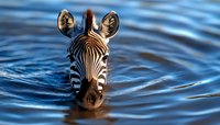 Zebra head emerging from rippling blue water, close-up portrait showing distinctive stripes and alert ears against reflective surface. Perfect for wildlife concepts.