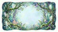 Enchanted forest frame with glowing fairy lights, mushrooms, and lush greenery in soft watercolor style, perfect for cards and invitations.