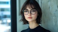 Young Asian woman with short dark hair wearing round glasses and black sweater looking at camera with confident expression against blurred urban background.