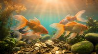 Golden koi fish swimming in sunlit aquarium with coins on bottom, aquatic plants and warm lighting for prosperity and wealth concepts in home decor.