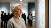 Elegant senior woman with white hair admiring artwork in modern gallery space with visitors in background.
