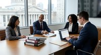 Diverse business team meeting in modern conference room with city view. Professional colleagues discussing strategy at wooden table with laptops and documents.