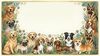 Dog breeds border frame with golden retriever, pug, beagle, corgi, german shepherd and other pets surrounded by botanical leaves and paw prints on cream background.