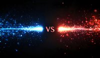 Glowing blue and red energy beams colliding with versus text in center, creating dramatic particle effect on dark background.