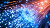 Glowing fiber optic cables emit blue and orange light streams with bokeh effect, creating dynamic technology background for communication and data concepts.