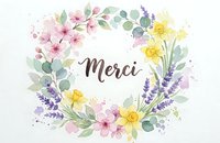 Watercolor floral wreath with Merci text featuring spring flowers, eucalyptus leaves and lavender on white background for greeting cards and thank you designs.