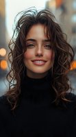Young woman with natural curly brown hair and freckles smiling warmly while wearing black turtleneck sweater against blurred city lights background.