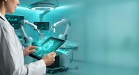 Female doctor using digital tablet in modern operating room with surgical equipment and holographic medical interface technology for healthcare innovation.