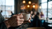 Hands holding ceramic coffee mug in cozy cafe with warm bokeh lights and blurred customers creating intimate morning atmosphere for lifestyle content.