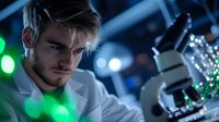 Young male scientist in white coat conducting research with microscope in modern laboratory setting with dramatic blue lighting and bokeh effects in background.