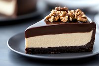 Slice of layered chocolate cheesecake with vanilla cream filling, dark chocolate ganache topping and crushed walnuts on chocolate cookie crust served on gray plate.