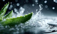 Fresh aloe vera leaf with water splash on dark background, showcasing natural skincare ingredient with healing properties.