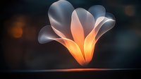 Glowing translucent flower with warm orange light emanating from center against dark blurred background for wellness and meditation designs.